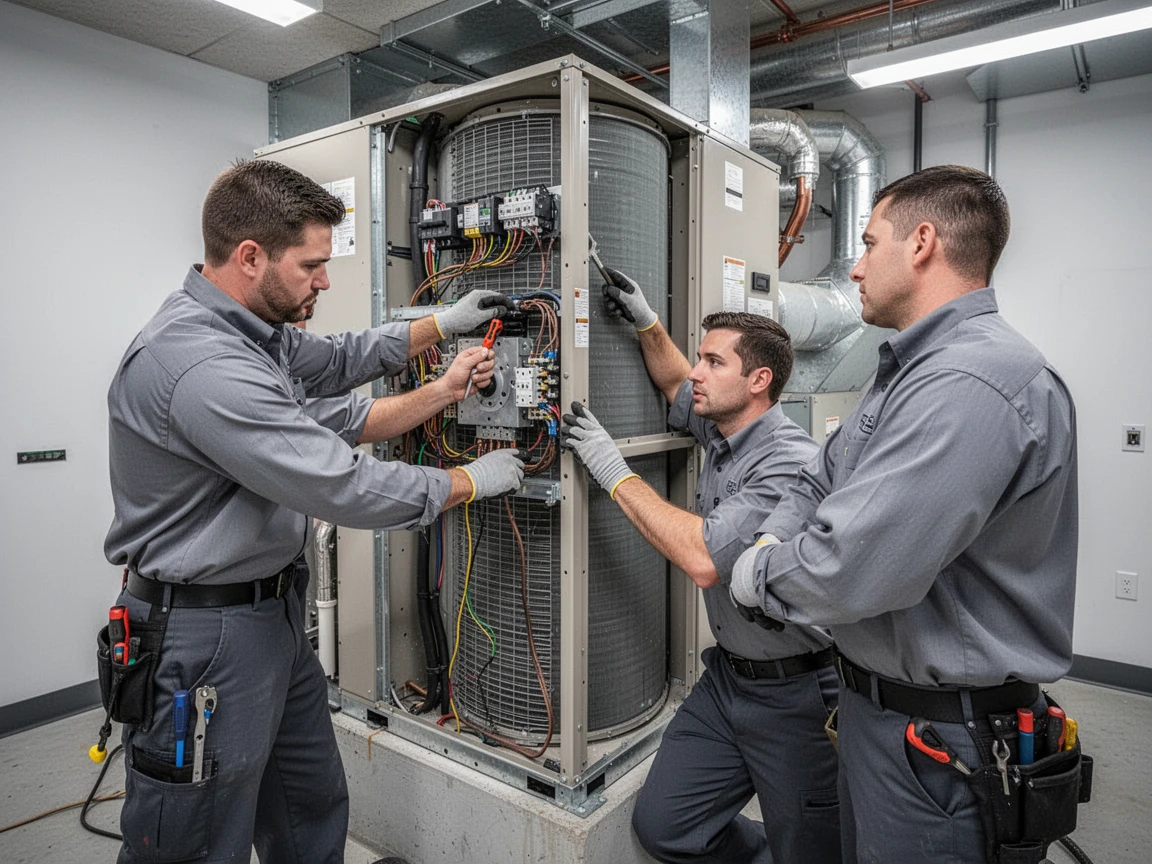 KC Heating and Air Team Working on HVAC System